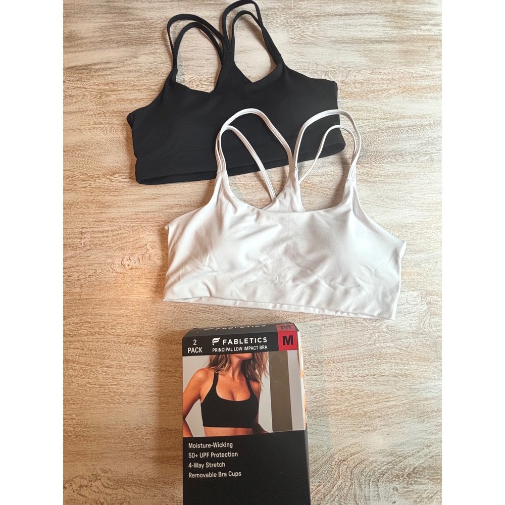 NEW set of 2 Fabletics size Medium Principal Low Impact Bra Black White 36-38